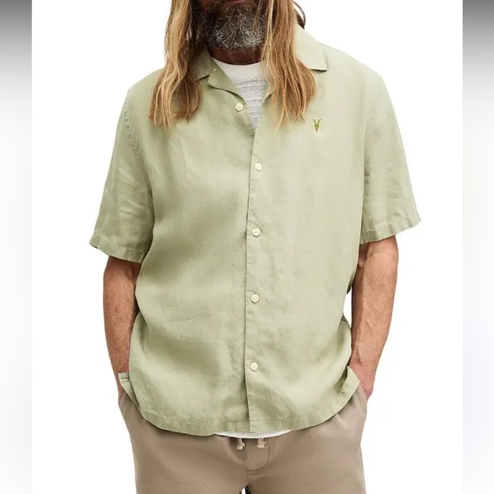 All Saints Audley Short Sleeve Button-Down Shirt in Olive Green hemp fabric